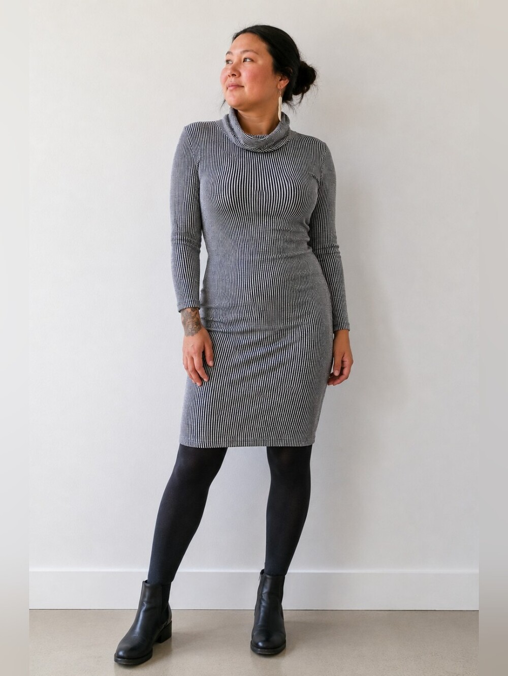 3/$20 Bundle Deal, Black & White Striped Turtleneck Dress